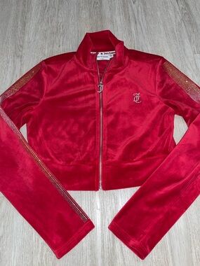 Juicy Couture Red Women's Cropped Velour Tracksuit Jacket Small